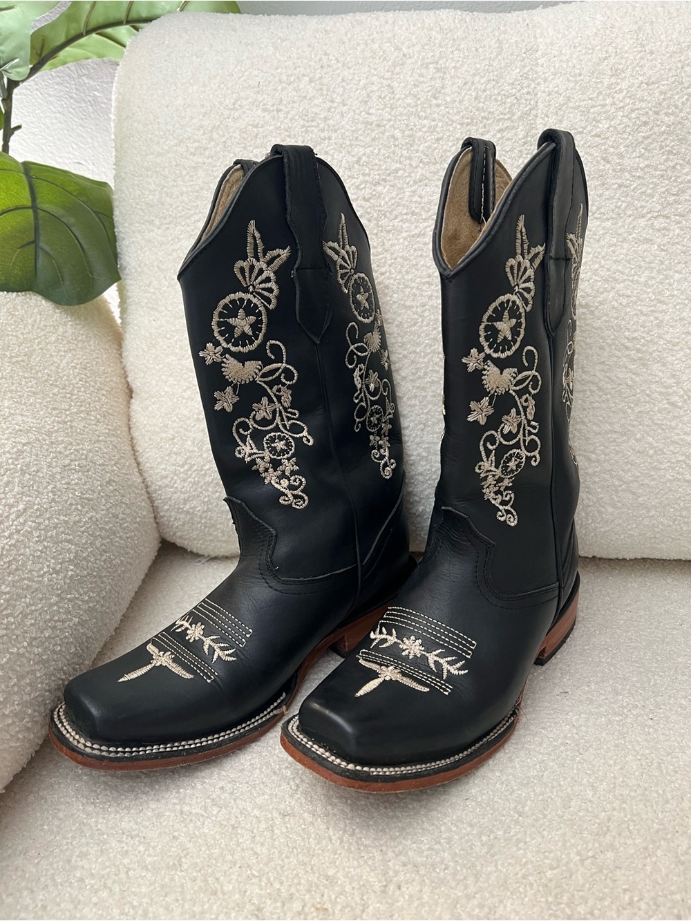 Black Embroidered Western Heeled Boots for Women